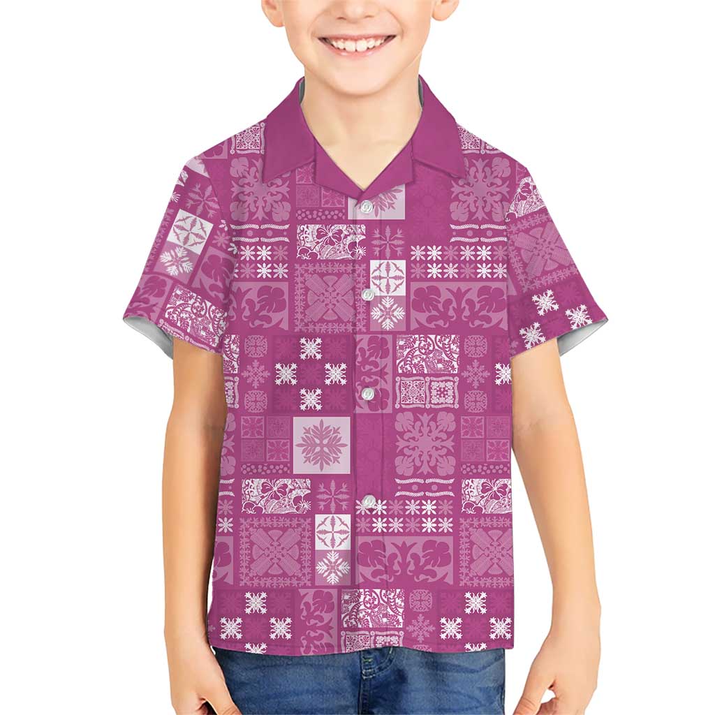 Vintage Hawaiian Quilting Patterns Family Matching Puletasi and Hawaiian Shirt Pink Style Tribal Fabric Patchwork LT9 Son's Shirt Pink - Polynesian Pride