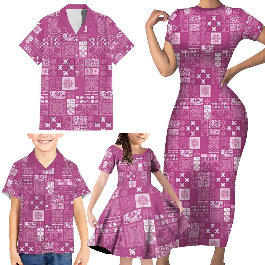 Vintage Hawaiian Quilting Patterns Family Matching Short Sleeve Bodycon Dress and Hawaiian Shirt Pink Style Tribal Fabric Patchwork - Polynesian Pride