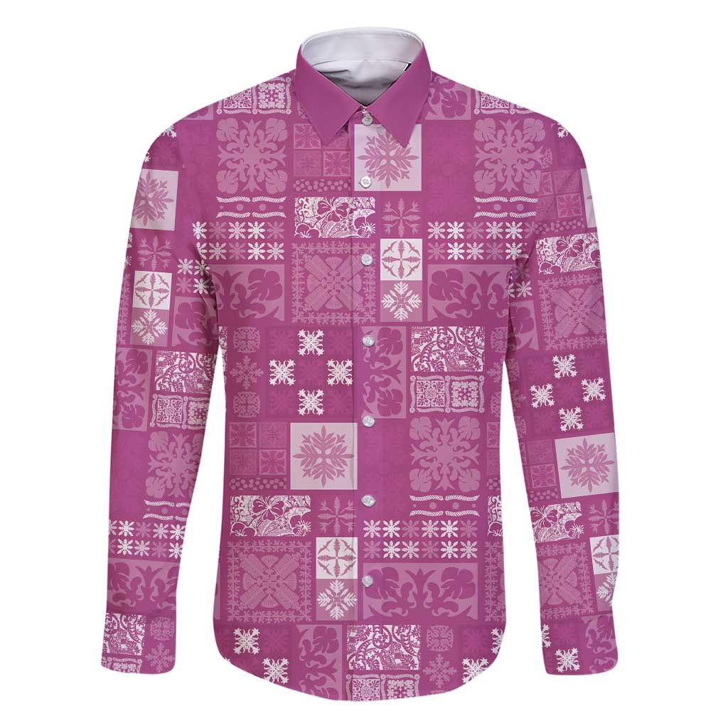 Vintage Hawaiian Quilting Patterns Family Matching Short Sleeve Bodycon Dress and Hawaiian Shirt Pink Style Tribal Fabric Patchwork - Polynesian Pride