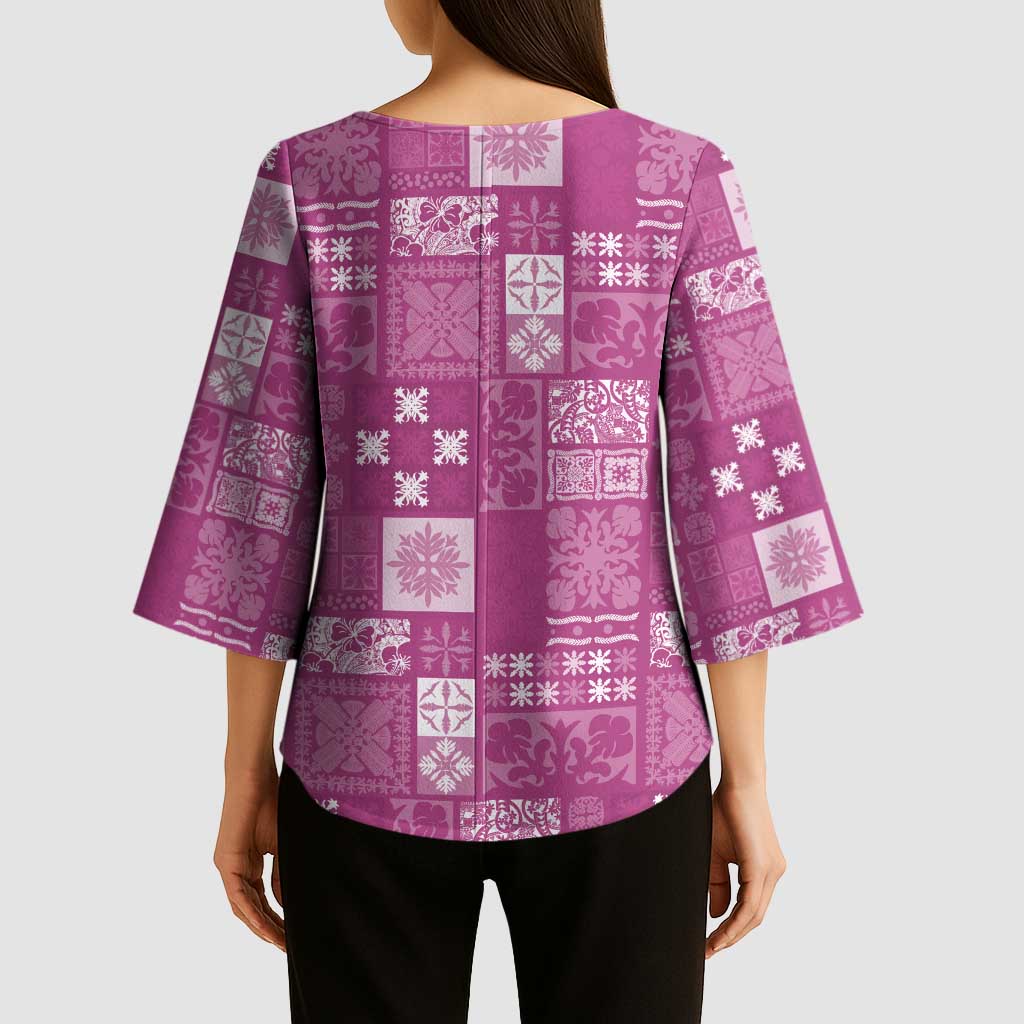 Vintage Hawaiian Quilting Patterns Kimono Sleeve Blouse Pink Style Tribal Fabric Patchwork - Polynesian Pride