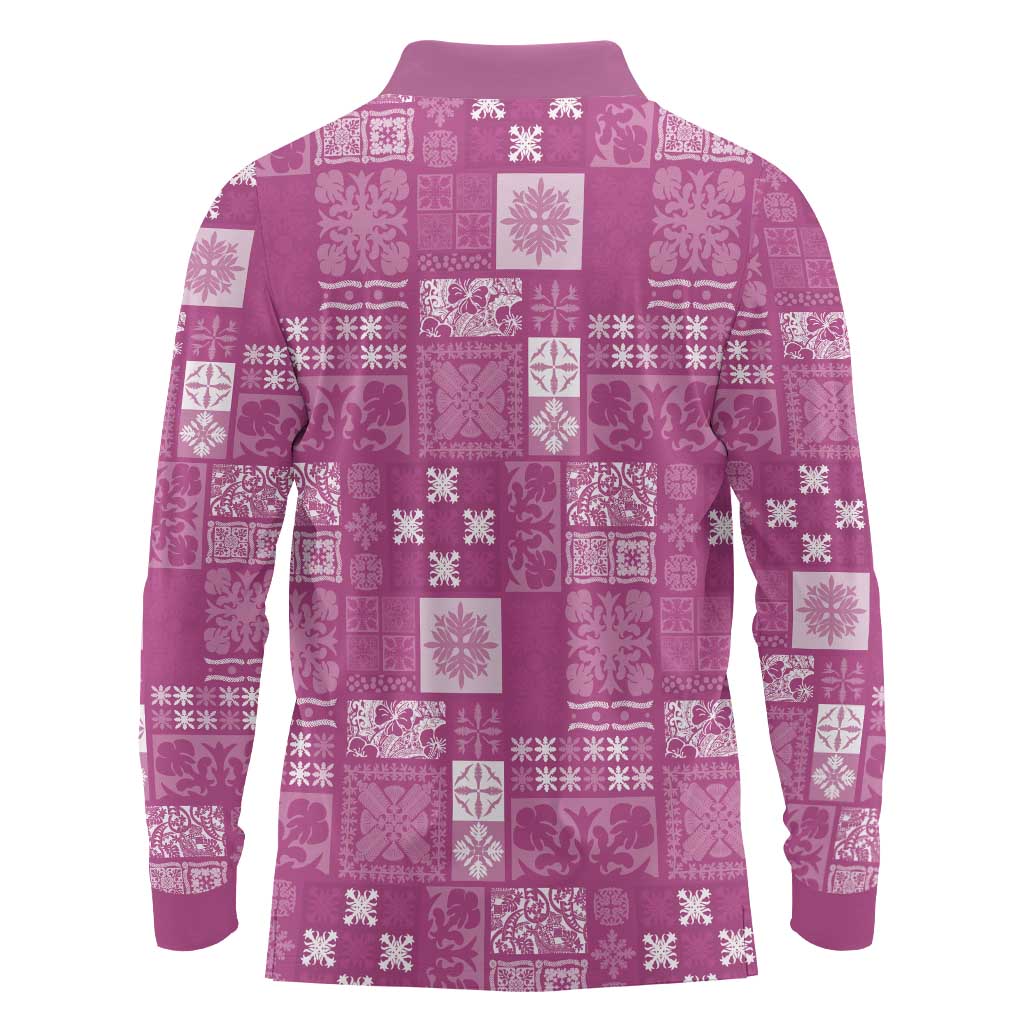 Vintage Hawaiian Quilting Patterns Long Sleeve Polo Shirt Pink Style Tribal Fabric Patchwork - Polynesian Pride
