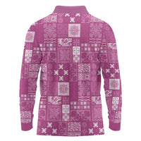 Vintage Hawaiian Quilting Patterns Long Sleeve Polo Shirt Pink Style Tribal Fabric Patchwork - Polynesian Pride