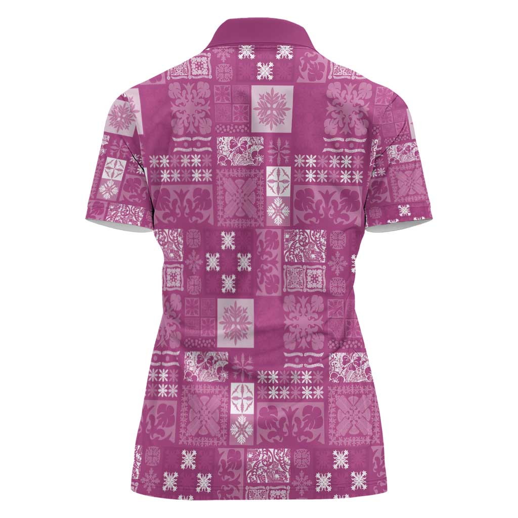 Vintage Hawaiian Quilting Patterns Women Polo Shirt Pink Style Tribal Fabric Patchwork - Polynesian Pride