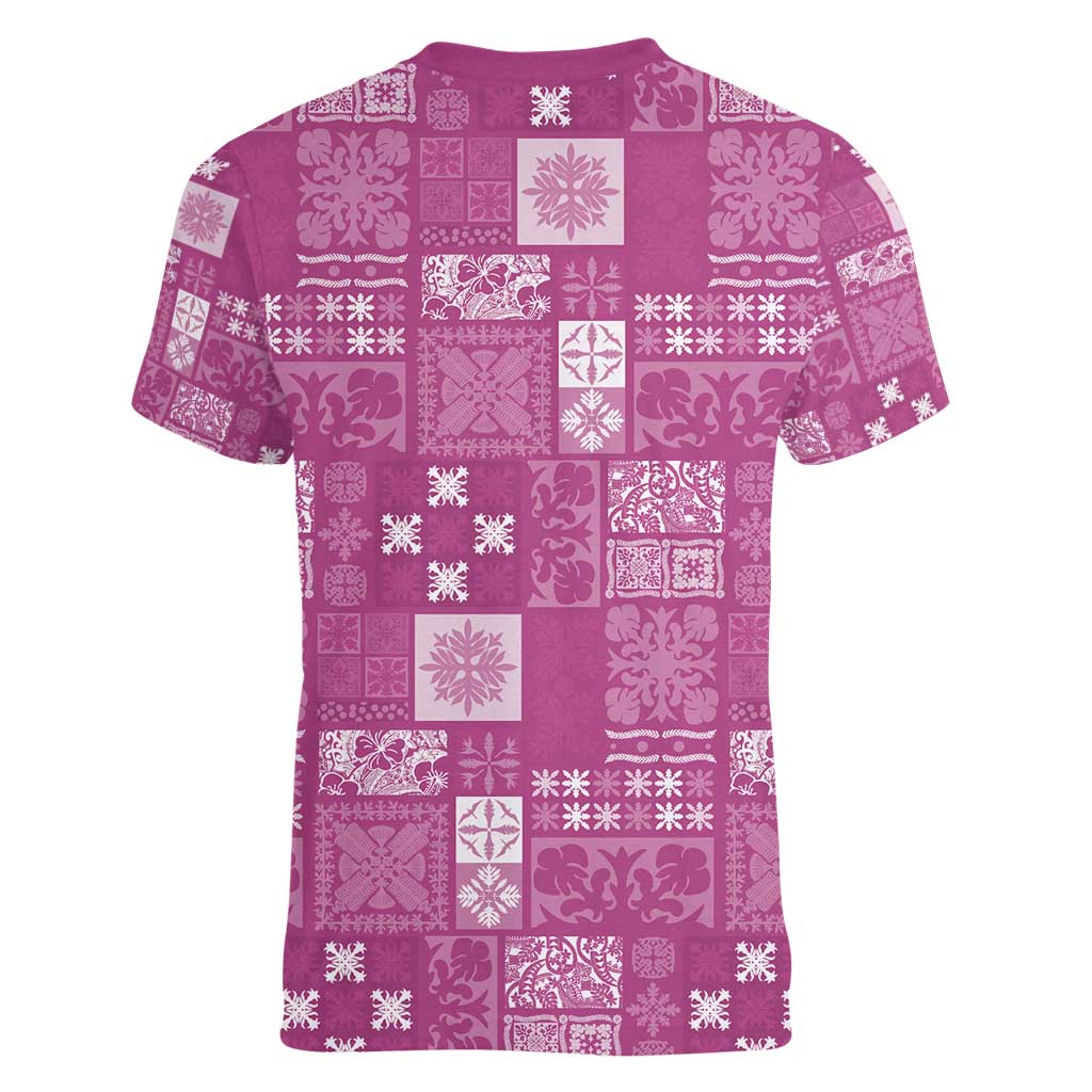 Vintage Hawaiian Quilting Patterns Women V-Neck T-Shirt Pink Style Tribal Fabric Patchwork - Polynesian Pride