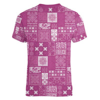 Vintage Hawaiian Quilting Patterns Women V-Neck T-Shirt Pink Style Tribal Fabric Patchwork - Polynesian Pride