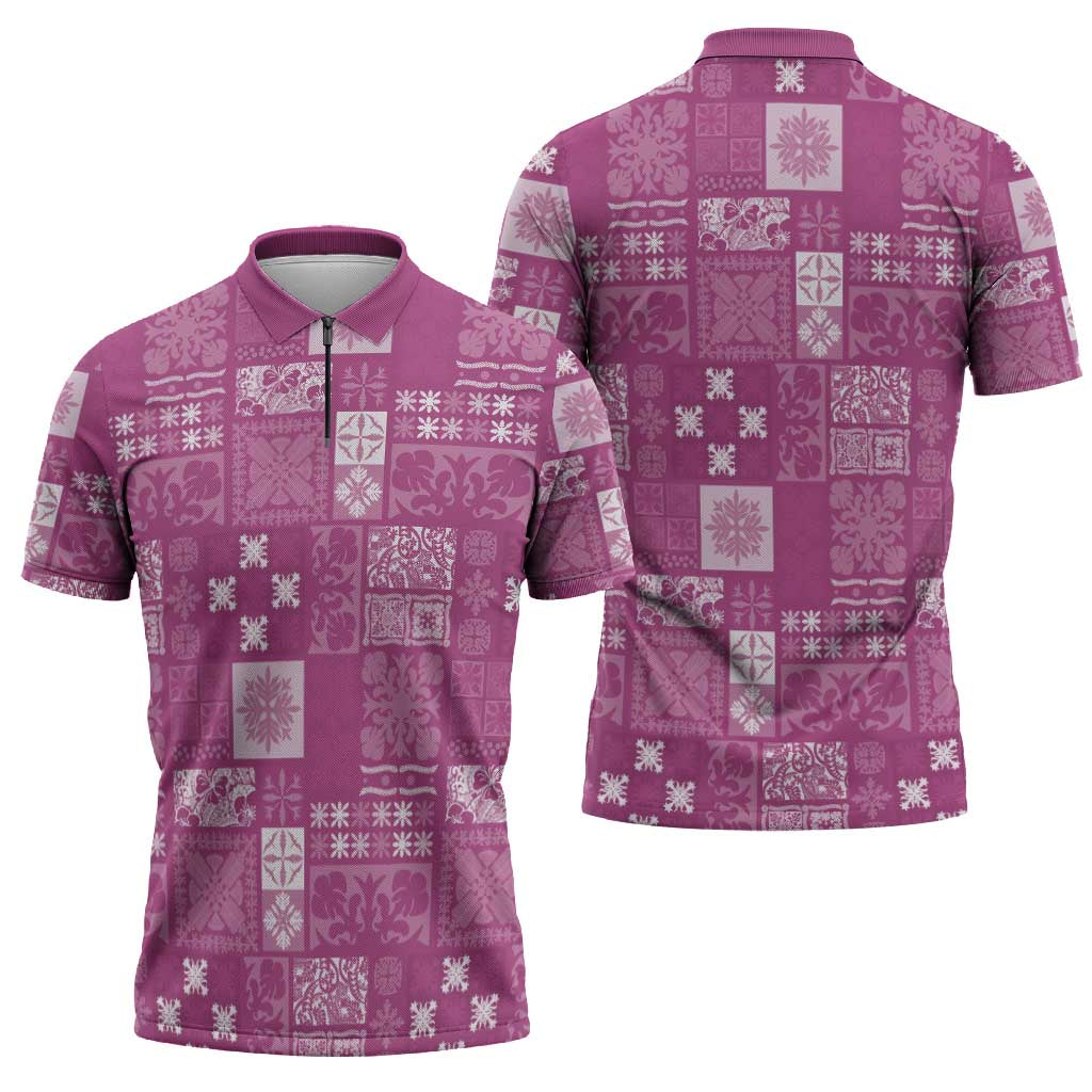 Vintage Hawaiian Quilting Patterns Zipper Polo Shirt Pink Style Tribal Fabric Patchwork - Polynesian Pride