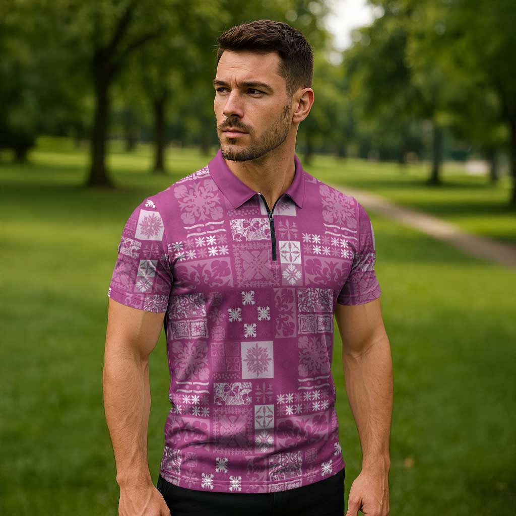 Vintage Hawaiian Quilting Patterns Zipper Polo Shirt Pink Style Tribal Fabric Patchwork - Polynesian Pride