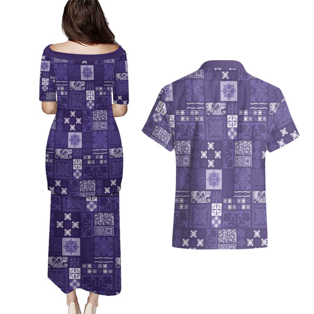Vintage Hawaiian Quilting Patterns Couples Matching Puletasi and Hawaiian Shirt Purple Style Tribal Fabric Patchwork - Polynesian Pride