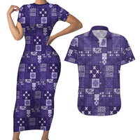 Vintage Hawaiian Quilting Patterns Couples Matching Short Sleeve Bodycon Dress and Hawaiian Shirt Purple Style Tribal Fabric Patchwork - Polynesian Pride