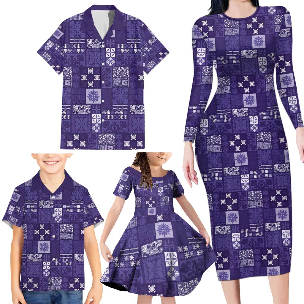 Vintage Hawaiian Quilting Patterns Family Matching Long Sleeve Bodycon Dress and Hawaiian Shirt Purple Style Tribal Fabric Patchwork - Polynesian Pride