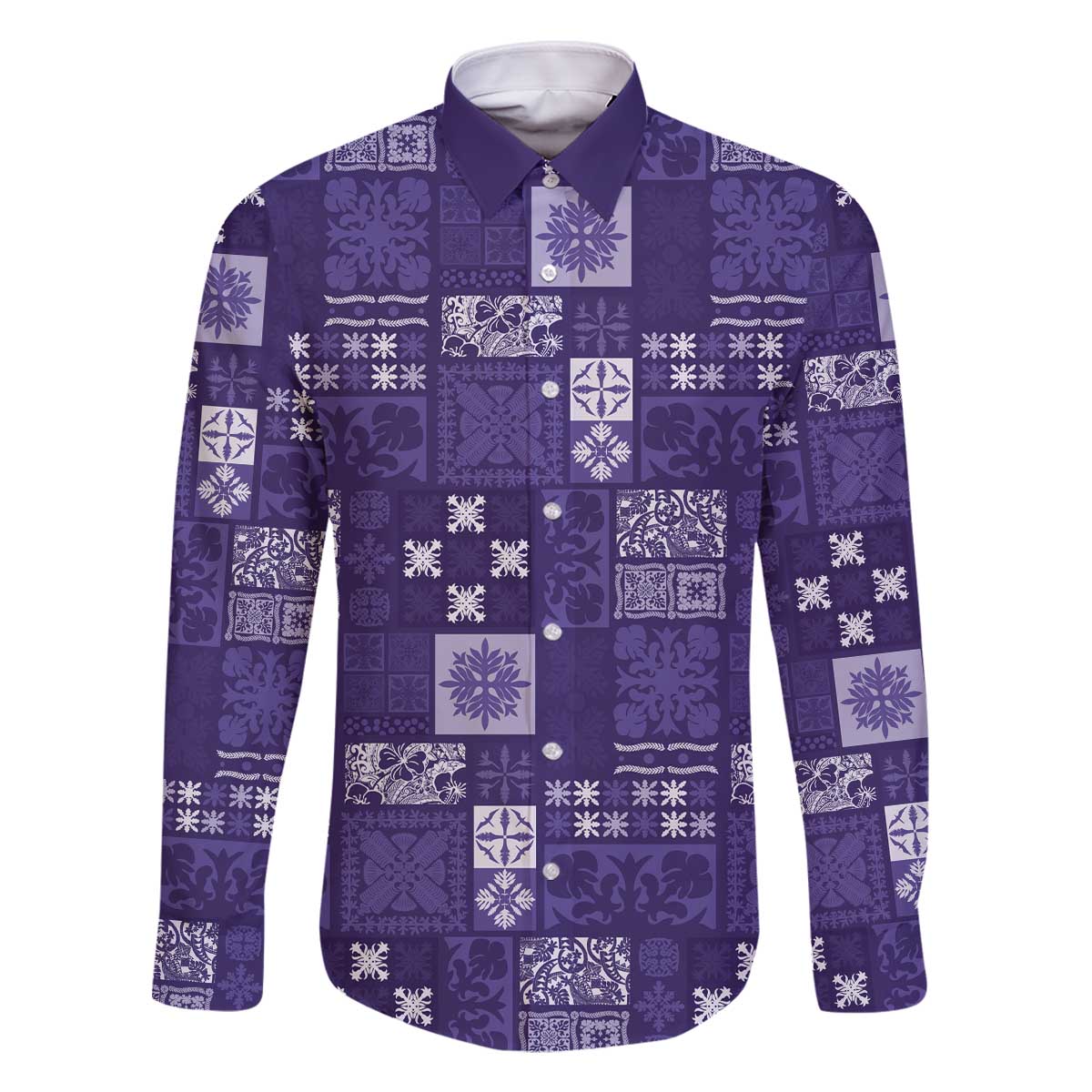 Vintage Hawaiian Quilting Patterns Family Matching Off The Shoulder Long Sleeve Dress and Hawaiian Shirt Purple Style Tribal Fabric Patchwork - Polynesian Pride