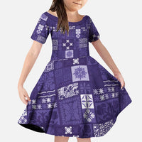 Vintage Hawaiian Quilting Patterns Family Matching Off Shoulder Short Dress and Hawaiian Shirt Purple Style Tribal Fabric Patchwork LT9 Daughter's Dress Purple - Polynesian Pride