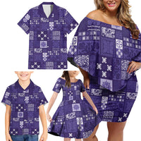 Vintage Hawaiian Quilting Patterns Family Matching Off Shoulder Short Dress and Hawaiian Shirt Purple Style Tribal Fabric Patchwork LT9 - Polynesian Pride