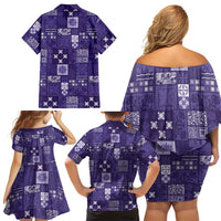 Vintage Hawaiian Quilting Patterns Family Matching Off Shoulder Short Dress and Hawaiian Shirt Purple Style Tribal Fabric Patchwork LT9 - Polynesian Pride