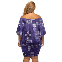 Vintage Hawaiian Quilting Patterns Family Matching Off Shoulder Short Dress and Hawaiian Shirt Purple Style Tribal Fabric Patchwork LT9 - Polynesian Pride