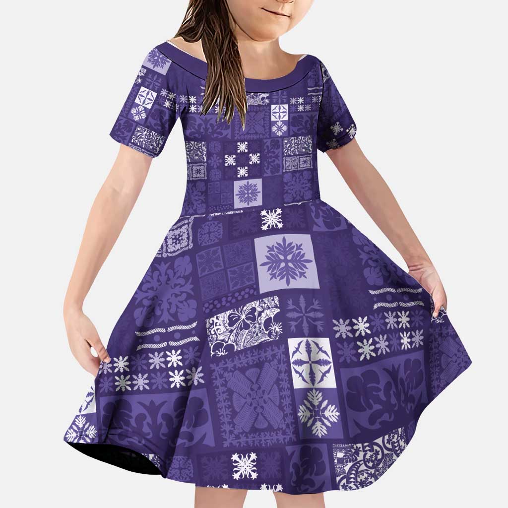 Vintage Hawaiian Quilting Patterns Family Matching Puletasi and Hawaiian Shirt Purple Style Tribal Fabric Patchwork LT9 Daughter's Dress Purple - Polynesian Pride