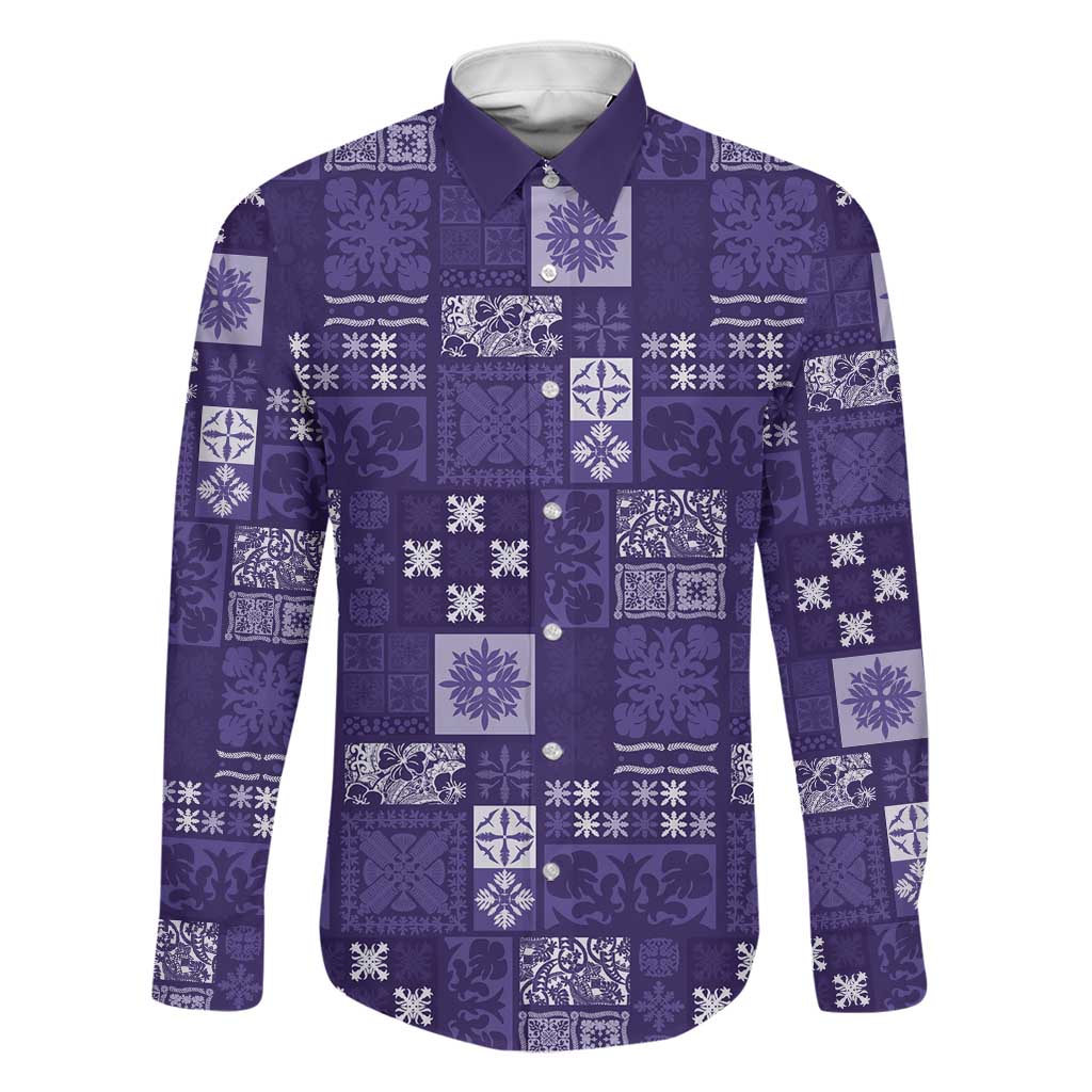 Vintage Hawaiian Quilting Patterns Family Matching Puletasi and Hawaiian Shirt Purple Style Tribal Fabric Patchwork LT9 Dad's Shirt - Long Sleeve Purple - Polynesian Pride