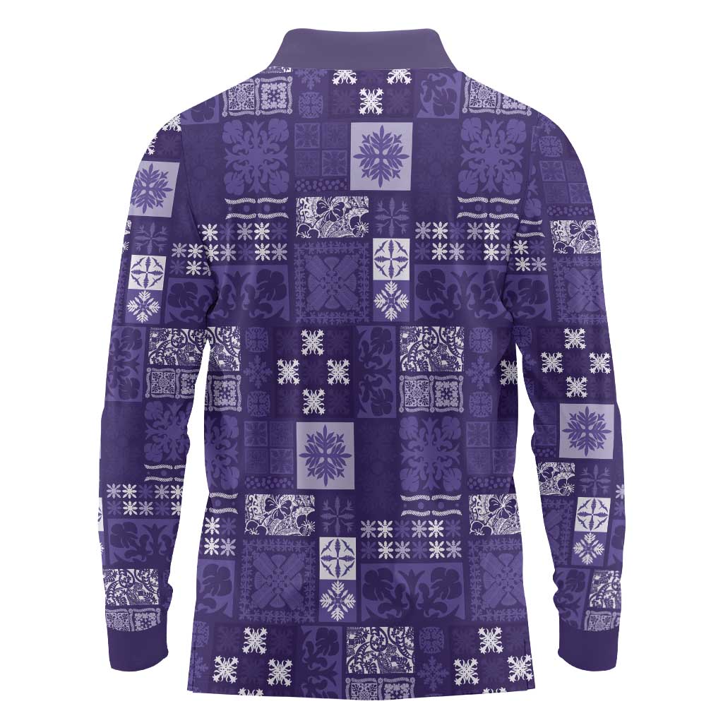 Vintage Hawaiian Quilting Patterns Long Sleeve Polo Shirt Purple Style Tribal Fabric Patchwork - Polynesian Pride