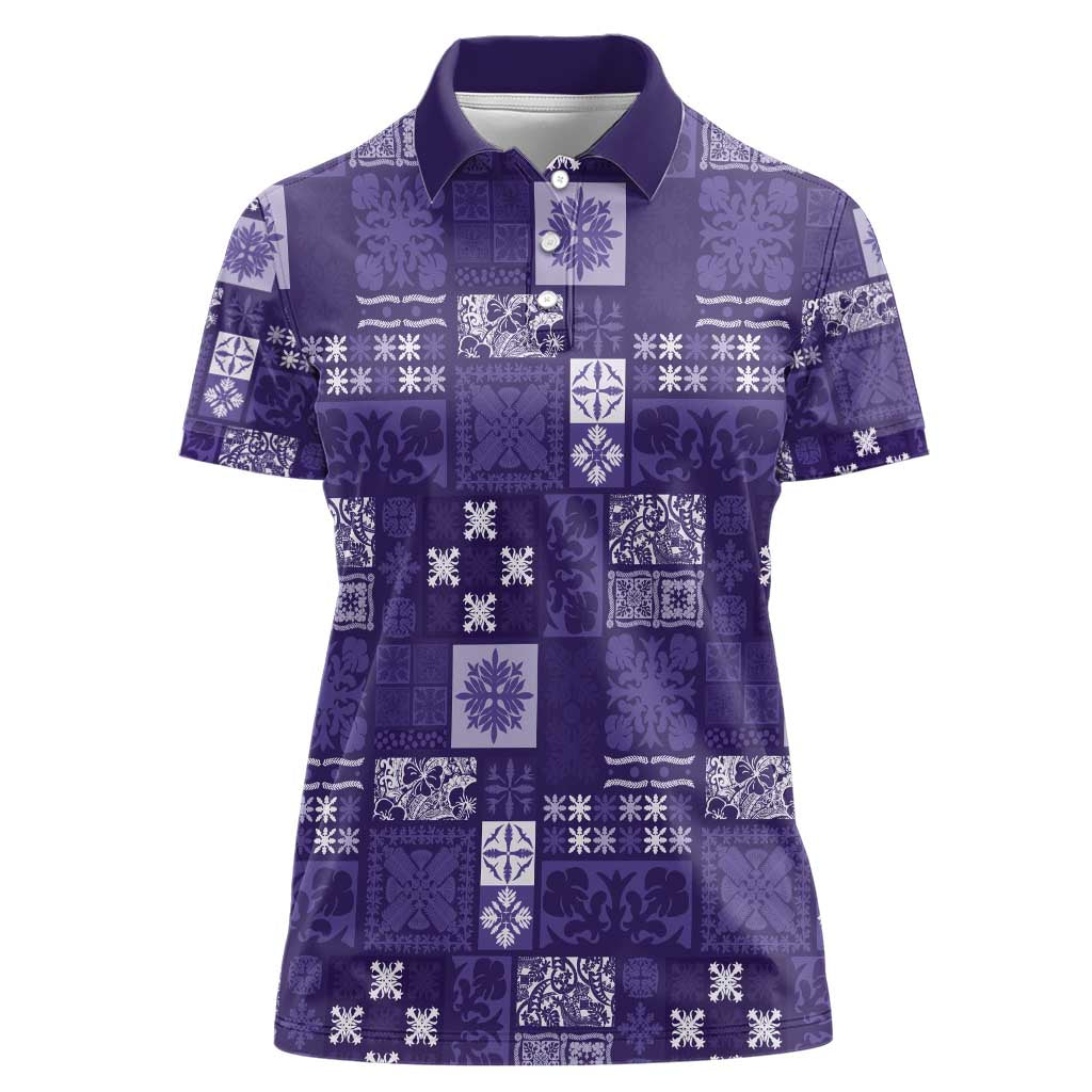 Vintage Hawaiian Quilting Patterns Women Polo Shirt Purple Style Tribal Fabric Patchwork - Polynesian Pride