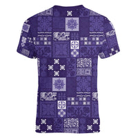Vintage Hawaiian Quilting Patterns Women V-Neck T-Shirt Purple Style Tribal Fabric Patchwork - Polynesian Pride