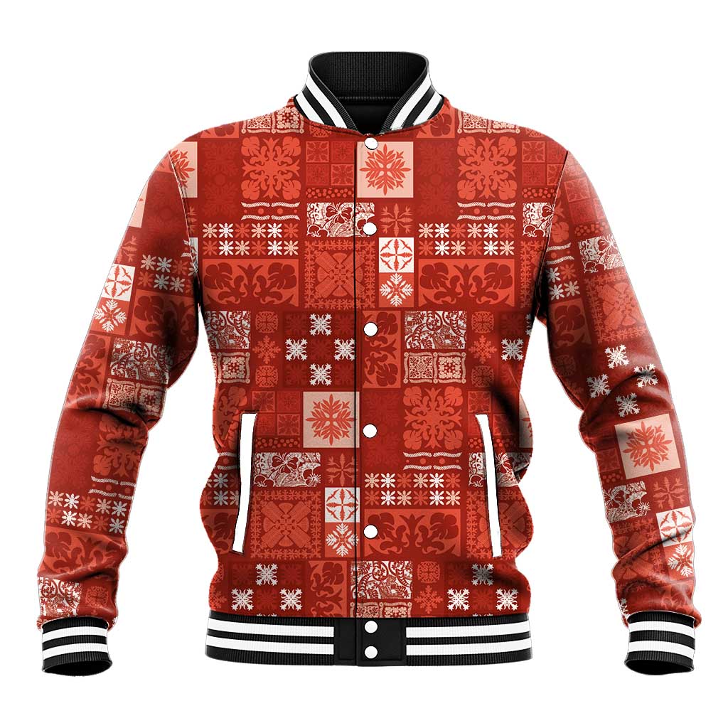 Vintage Hawaiian Quilting Patterns Baseball Jacket Red Style Tribal Fabric Patchwork - Polynesian Pride