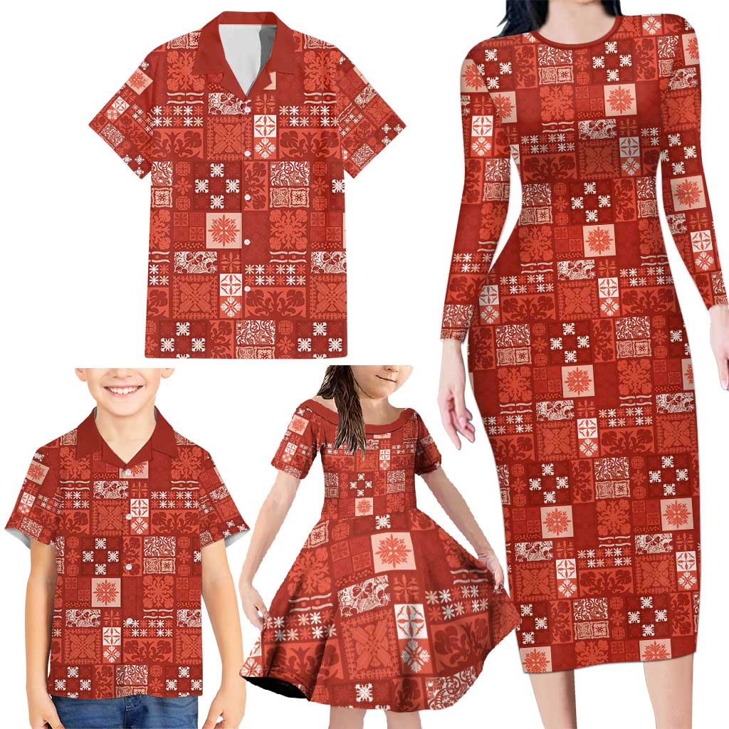 Vintage Hawaiian Quilting Patterns Family Matching Long Sleeve Bodycon Dress and Hawaiian Shirt Red Style Tribal Fabric Patchwork - Polynesian Pride