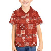 Vintage Hawaiian Quilting Patterns Family Matching Long Sleeve Bodycon Dress and Hawaiian Shirt Red Style Tribal Fabric Patchwork - Polynesian Pride