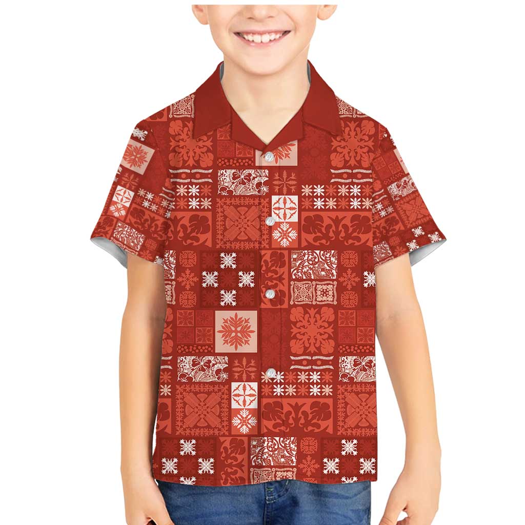 Vintage Hawaiian Quilting Patterns Family Matching Mermaid Dress and Hawaiian Shirt Red Style Tribal Fabric Patchwork - Polynesian Pride