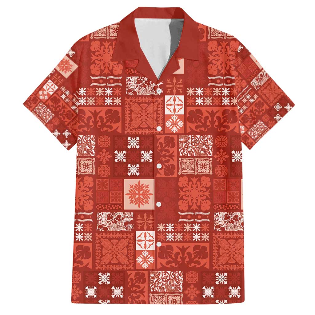 Vintage Hawaiian Quilting Patterns Family Matching Off Shoulder Short Dress and Hawaiian Shirt Red Style Tribal Fabric Patchwork - Polynesian Pride