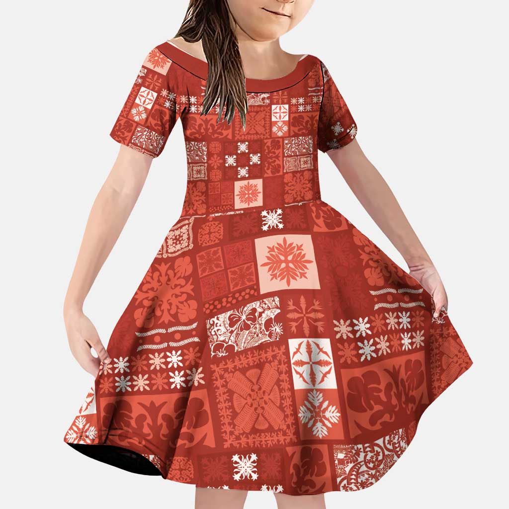 Vintage Hawaiian Quilting Patterns Family Matching Puletasi and Hawaiian Shirt Red Style Tribal Fabric Patchwork LT9 Daughter's Dress Red - Polynesian Pride
