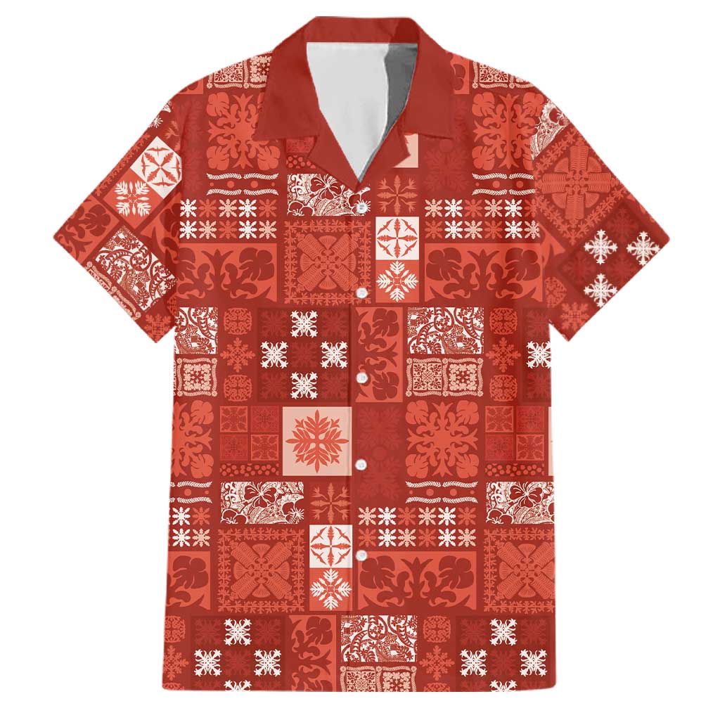 Vintage Hawaiian Quilting Patterns Family Matching Puletasi and Hawaiian Shirt Red Style Tribal Fabric Patchwork LT9 Dad's Shirt - Short Sleeve Red - Polynesian Pride