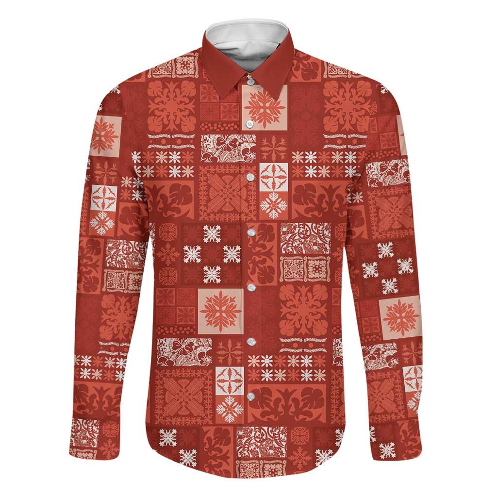 Vintage Hawaiian Quilting Patterns Family Matching Puletasi and Hawaiian Shirt Red Style Tribal Fabric Patchwork LT9 Dad's Shirt - Long Sleeve Red - Polynesian Pride