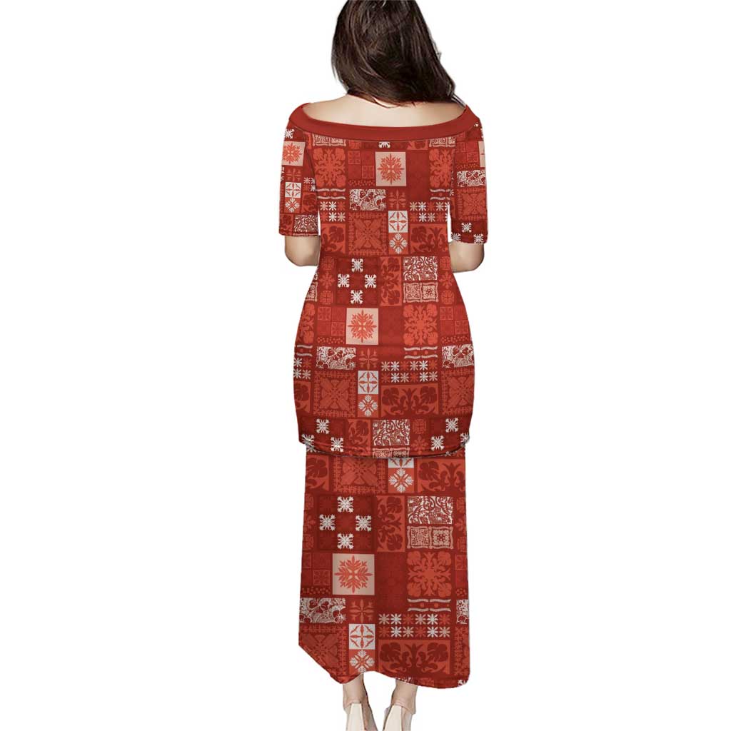Vintage Hawaiian Quilting Patterns Family Matching Puletasi and Hawaiian Shirt Red Style Tribal Fabric Patchwork LT9 - Polynesian Pride