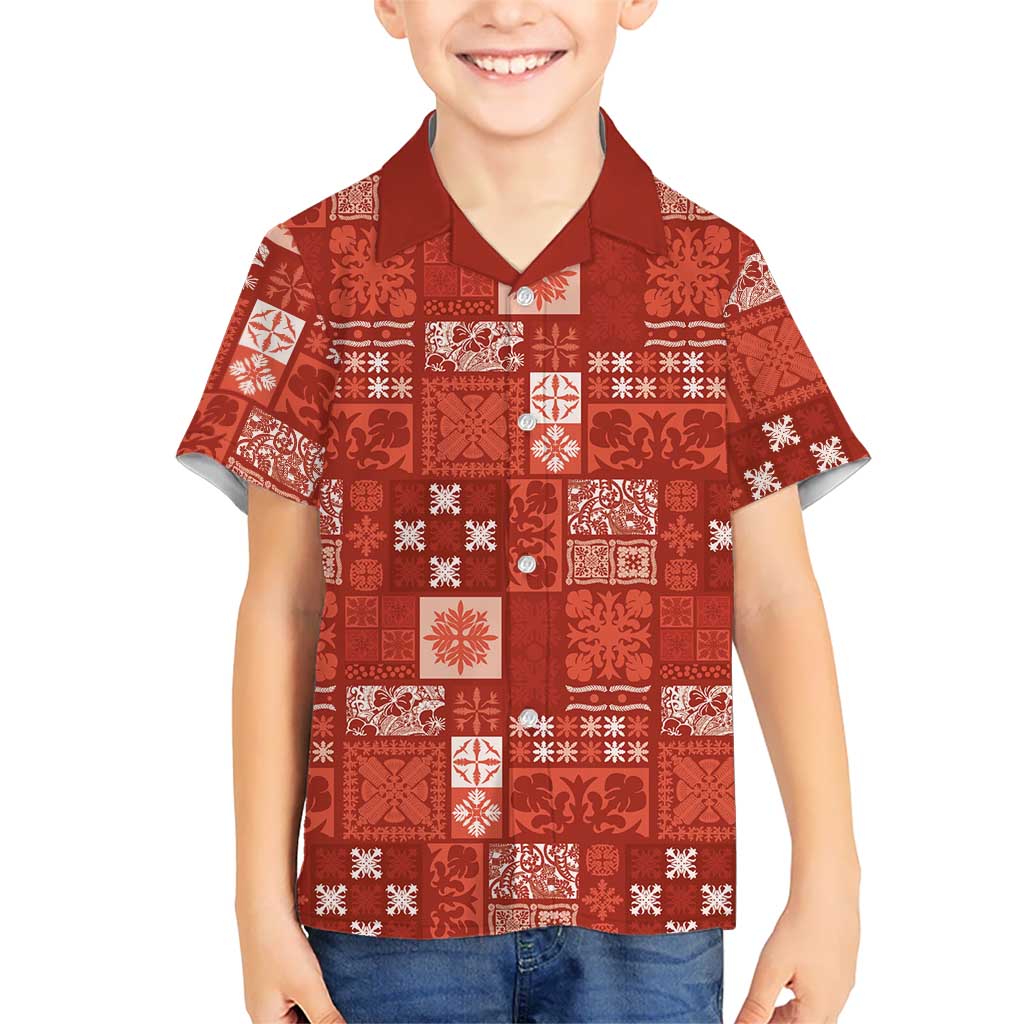 Vintage Hawaiian Quilting Patterns Family Matching Puletasi and Hawaiian Shirt Red Style Tribal Fabric Patchwork LT9 Son's Shirt Red - Polynesian Pride