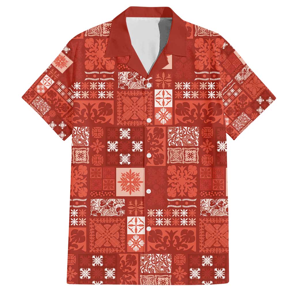 Vintage Hawaiian Quilting Patterns Family Matching Short Sleeve Bodycon Dress and Hawaiian Shirt Red Style Tribal Fabric Patchwork - Polynesian Pride