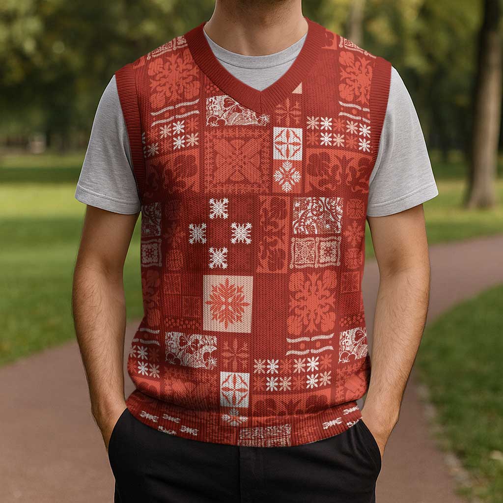 Vintage Hawaiian Quilting Patterns Christmas Knitted V-Neck Vest Red Style Tribal Fabric Patchwork - Polynesian Pride
