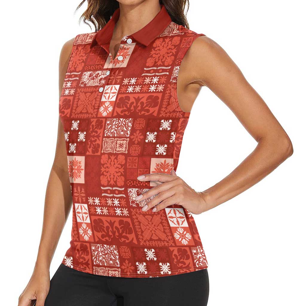 Vintage Hawaiian Quilting Patterns Women Sleeveless Polo Shirt Red Style Tribal Fabric Patchwork - Polynesian Pride