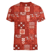 Vintage Hawaiian Quilting Patterns Women V-Neck T-Shirt Red Style Tribal Fabric Patchwork - Polynesian Pride