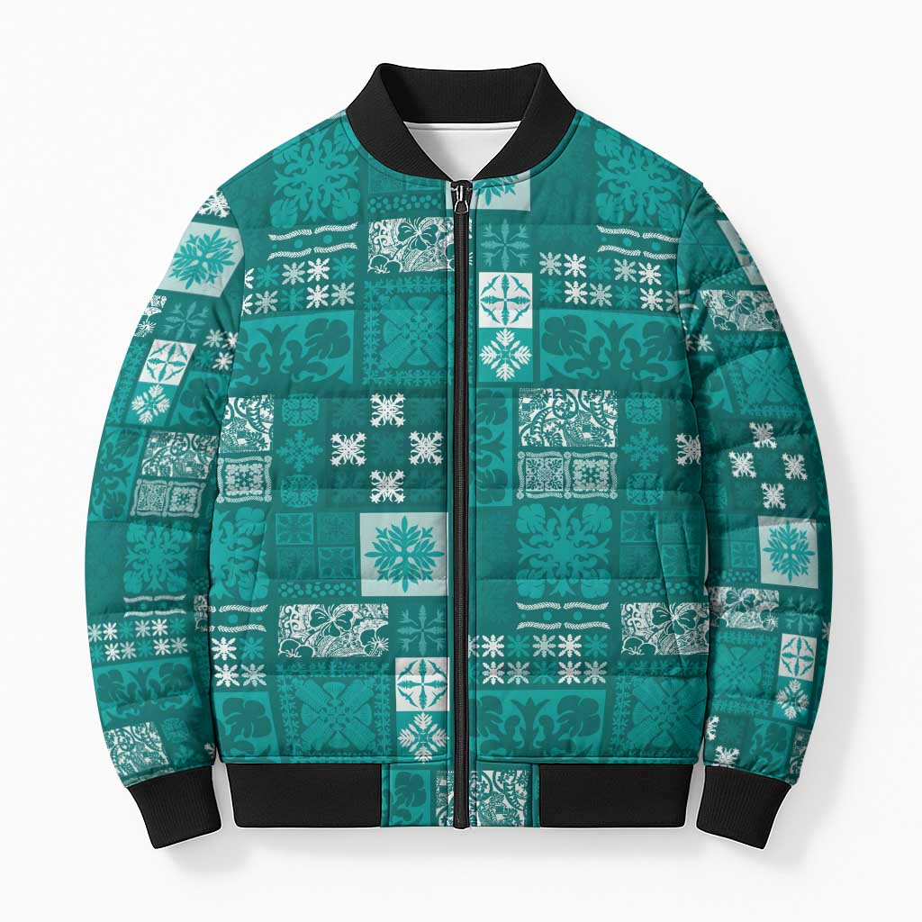 Vintage Hawaiian Quilting Patterns Bomber Puffer Jacket Turquoise Style Tribal Fabric Patchwork - Polynesian Pride