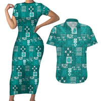Vintage Hawaiian Quilting Patterns Couples Matching Short Sleeve Bodycon Dress and Hawaiian Shirt Turquoise Style Tribal Fabric Patchwork - Polynesian Pride