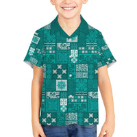 Vintage Hawaiian Quilting Patterns Family Matching Off The Shoulder Long Sleeve Dress and Hawaiian Shirt Turquoise Style Tribal Fabric Patchwork - Polynesian Pride