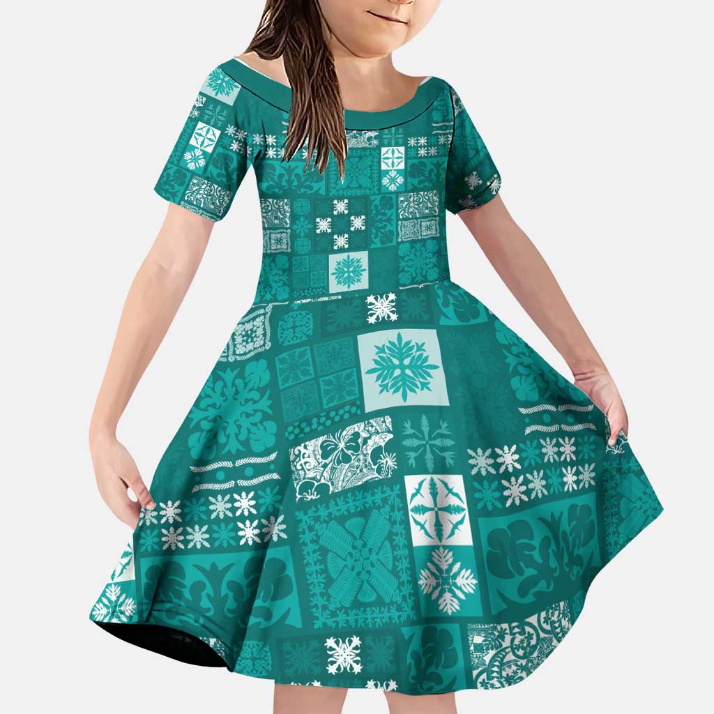 Vintage Hawaiian Quilting Patterns Family Matching Puletasi and Hawaiian Shirt Turquoise Style Tribal Fabric Patchwork LT9 Daughter's Dress Turquoise - Polynesian Pride