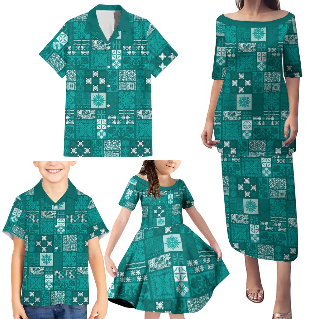 Vintage Hawaiian Quilting Patterns Family Matching Puletasi and Hawaiian Shirt Turquoise Style Tribal Fabric Patchwork LT9 - Polynesian Pride