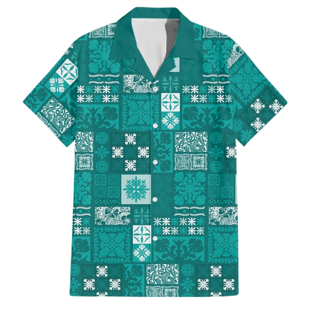 Vintage Hawaiian Quilting Patterns Family Matching Puletasi and Hawaiian Shirt Turquoise Style Tribal Fabric Patchwork LT9 Dad's Shirt - Short Sleeve Turquoise - Polynesian Pride