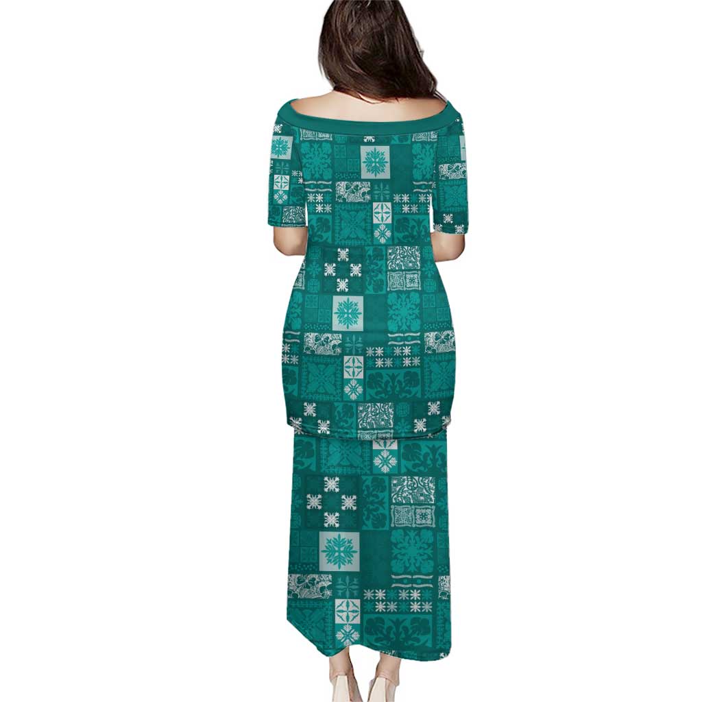 Vintage Hawaiian Quilting Patterns Family Matching Puletasi and Hawaiian Shirt Turquoise Style Tribal Fabric Patchwork LT9 - Polynesian Pride