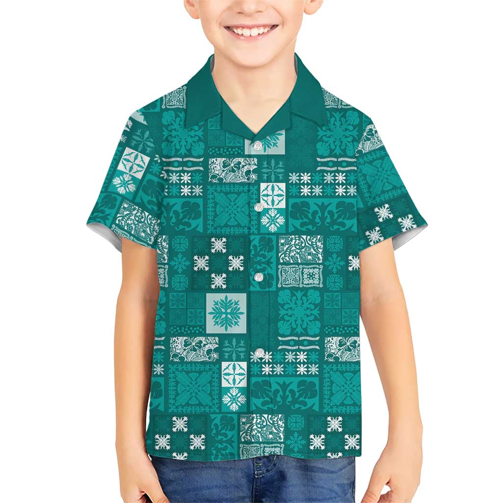 Vintage Hawaiian Quilting Patterns Family Matching Puletasi and Hawaiian Shirt Turquoise Style Tribal Fabric Patchwork LT9 Son's Shirt Turquoise - Polynesian Pride