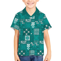 Vintage Hawaiian Quilting Patterns Family Matching Puletasi and Hawaiian Shirt Turquoise Style Tribal Fabric Patchwork LT9 Son's Shirt Turquoise - Polynesian Pride