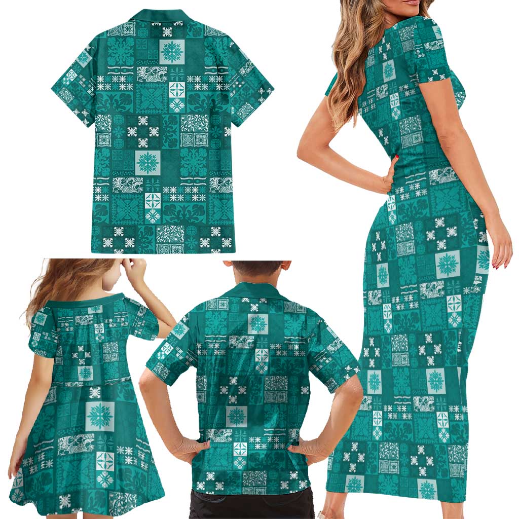 Vintage Hawaiian Quilting Patterns Family Matching Short Sleeve Bodycon Dress and Hawaiian Shirt Turquoise Style Tribal Fabric Patchwork - Polynesian Pride