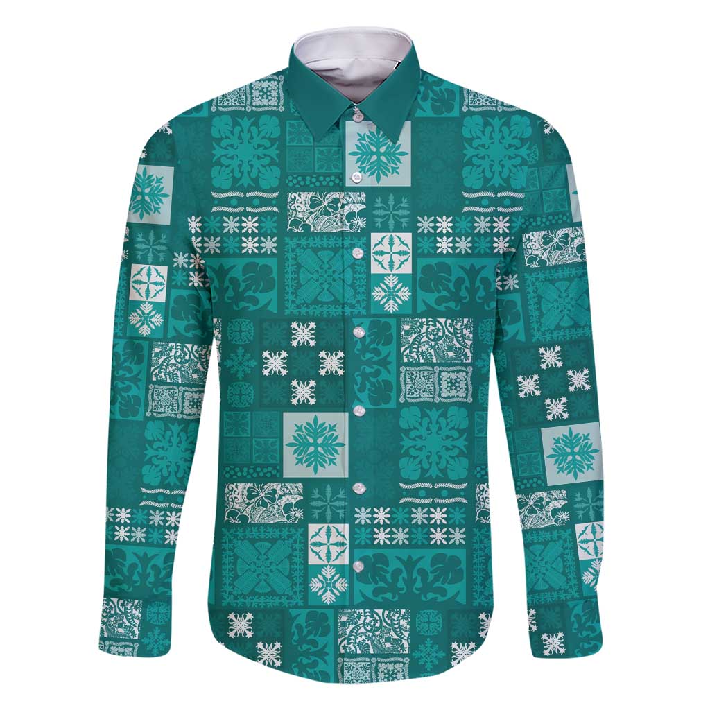 Vintage Hawaiian Quilting Patterns Family Matching Short Sleeve Bodycon Dress and Hawaiian Shirt Turquoise Style Tribal Fabric Patchwork - Polynesian Pride