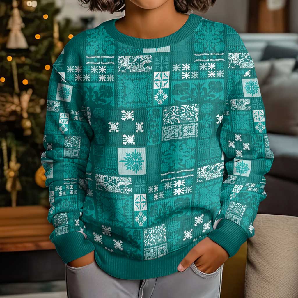 Vintage Hawaiian Quilting Patterns Kid Ugly Christmas Sweater Turquoise Style Tribal Fabric Patchwork - Polynesian Pride